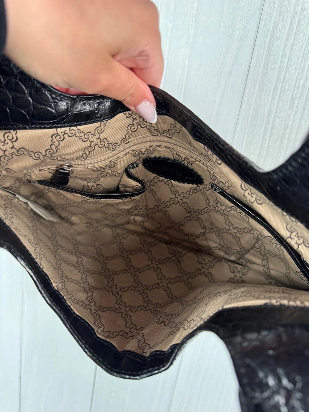 Forth & Towne Croc-Embossed Black Leather Shoulder Bag